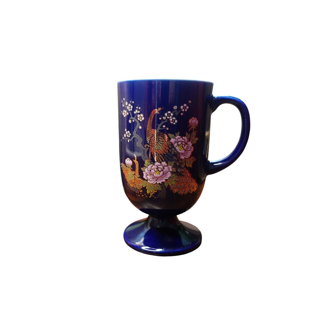 Vintage‎ Blue Ceramic Footed Mug Peacock Floral Design